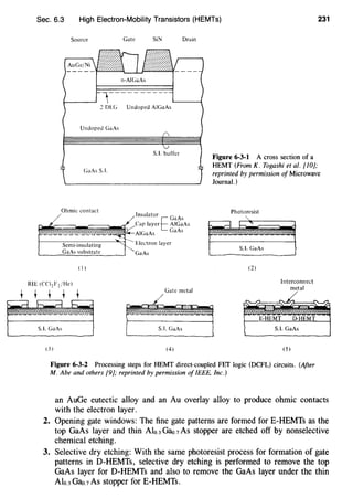 Sec. 6.3 High Electron-Mobility Transistors (HEMTs) 231
Source Gate SiN Drain
2 DEG Undoped A!GaAs
Undoped GaAs
S.l. buffer
GaAs S.l.
Ohmic contact
/ Insulator EGaAs
'i~/~-~~~~~~=~~Cap layer A!GaAs
/if' y A!GaAs GaAs
,""-r-----Semi·insulating Electron layer
GaAs substrate "-GaAsL---~~~~~~---J
(!)
Gate metal
L
S.l. GaAs
(3) (4)
Figure 6-3-1 A cross section of a
HEMT (From K. Togashi et al. [10];
reprinted by permission of Microwave
Journal.)
Photoresist
(2)
Interconnect
metal
(5)
Figure 6-3-2 Processing steps for HEMT direct-coupled FET logic (DCFL) circuits. (After
M. Abe and others [9]; reprinted by permission ofIEEE, Inc.)
an AuGe eutectic alloy and an Au overlay alloy to produce ohmic contacts
with the electron layer.
2. Opening gate windows: The fine gate patterns are formed for E-HEMTs as the
top GaAs layer and thin Alo.J Gao.? As stopper are etched off by nonselective
chemical etching.
3. Selective dry etching: With the same photoresist process for formation of gate
patterns in D-HEMTs, selective dry etching is performed to remove the top
GaAs layer for D-HEMTs and also to remove the GaAs layer under the thin
Alo.J Gao.? As stopper for E-HEMTs.
 