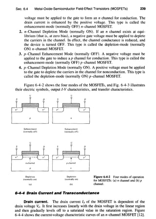 Sec. 6.4 Metal-Oxide-Semiconductor Field-Effect Transistors (MOSFETs) 239
voltage must be applied to the gate to form an n channel for conduction. The
drain current is enhanced by the positive voltage. This type is called the
enhancement-mode (normally OFF) n-channel MOSFET.
2. n-Channel Depletion Mode (normally ON). If an n channel exists at equi-
librium (that is, at zero bias), a negative gate voltage must be applied to deplete
the carriers in the channel. In effect, the channel conductance is reduced, and
the device is turned OFF. This type is called the depletion-mode (normally
ON) n-channel MOSFET.
3. p -Channel Enhancement Mode (normally OFF). A negative voltage must be
applied to the gate to induce a p channel for conduction. This type is called the
enhancement-mode (normally OFF) p-channel MOSFET.
4. p -Channel Depletion Mode (normally ON). A positive voltage must be applied
to the gate to deplete the carriers in the channel for nonconduction. This type is
called the depletion-mode (normally ON) p-channel MOSFET.
Figure 6-4-2 shows the four modes of the MOSFETs, and Fig. 6-4-3 illustrates
their electric symbols, output /-V characteristics, and transfer characteristics.
Enhancement
(normally off)
G
Depletion
(normally on)
(a)
Enhancement
(normally off)
G
Depletion
(normally on)
(b)
Figure 6·4-2 Four modes of operation
for MOSFEfs: (a) n channel and (b) p
channel.
6·4·4 Drain Current and Transconductance
Drain current. The drain current ld of the MOSFET is dependent of the
drain voltage Vd. It first increases linearly with the drain voltage in the linear region
and then gradually levels off to a saturated value in the saturation region. Figure
6-4-4 shows the current-voltage characteristic curves of ann-channel MOSFET [12].
 