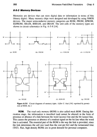 252 Microwave Field-Effect Transistors Chap. 6
6·5·3 Memory Devices
Memories are devices that can store digital data or information in terms of bits
(binary digits). Many memory chips were designed and developed by using NMOS
devices. The major semiconductor memory categories are ROM, PROM, EPROM,
EEPROM, SRAM, BSRAM, and DRAM. The unit cells of the memory types are
shown in circuit schematics in Fig. 6-5-8 [14].
w __.....____---+-
B
Ia) ROM
B B
lbi PROM
B
(c) !::PROM idi H.PROM
B
w---.---+-
IB B B
le) SRAM (f) BSRAM lg) DRAM
Figure 6-5-8 Circuit diagrams of memory types. (After S. Asai [i4]; reprinted by permis-
sion ofiEEE, inc.)
B
ROM. The read-only memory (ROM) is also called mask ROM. During fab-
rication stage, the information is inscribed (and cannot be altered) in the form of
presence or absence of a link between the word (access) line and the bit (sense) line.
This causes the presence or absence of a readout signal on the bit line when the word
line is activated. The essential part of the ROM is the way the link is provided, since
the link determines the cell size (and thus the cost per bit) and the turnaround time
(TAT). Fast, high-density ROMs are in great demand for personal computers.
 