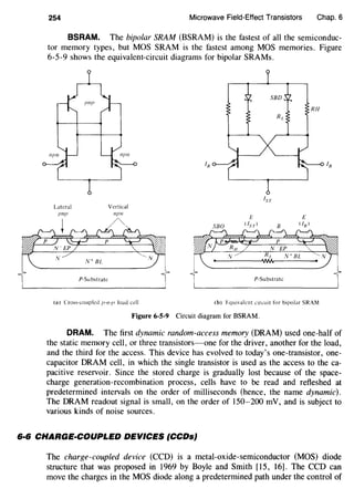 254 Microwave Field-Effect Transistors Chap. 6
BSRAM. The bipolar SRAM (BSRAM) is the fastest of all the semiconduc-
tor memory types, but MOS SRAM is the fastest among MOS memories. Figure
6-5-9 shows the equivalent-circuit diagrams for bipolar SRAMs.
Lateral
pnp
Vertical
flfJll
(a) Cross-coupled fJ-/1-fl load cell
Rl/
P-Substrate
(b) Equivalent circuit for bipolar SRAM
Figure 6-5-9 Circuit diagram for BSRAM.
DRAM. The first dynamic random-access memory (DRAM) used one-half of
the static memory cell, or three transistors-one for the driver, another for the load,
and the third for the access. This device has evolved to today's one-transistor, one-
capacitor DRAM cell, in which the single transistor is used as the access to the ca-
pacitive reservoir. Since the stored charge is gradually lost because of the space-
charge generation-recombination process, cells have to be read and refteshed at
predetermined intervals on the order of milliseconds (hence, the name dynamic).
The DRAM readout signal is small, on the order of 150-200 mV, and is subject to
various kinds of noise sources.
6·6 CHARGE-COUPLED DEVICES (CCDs}
The charge-coupled device (CCD) is a metal-oxide-semiconductor (MOS) diode
structure that was proposed in 1969 by Boyle and Smith [15, 16]. The CCD can
move the charges in the MOS diode along a predetermined path under the control of
 