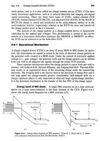 t
Sec. 6.6 Charge-Coupled Devices (CCDs) 255
clock pulses, and so it is also called the charge-transfer device (CTD). CCDs have
many microwave applications, such as in infrared detection and imaging and digital
signal processing. There are three basic types of CCDs: surface-channel CCD
(SCCD), buried-channel CCD (BCCD), and junction CCD (JCCD). In the SCCD or
BCCD the charge is stored and transferred at the semiconductor surface or in the
semiconductor interior, respectively; whereas in the JCCD the store and transfer of
the charge packet occur at the p-n junction.
The motion of the charge packets in a charge-coupled device is transversely
controlled by the applied gate voltages. This phenomenon is similar to the carrier
motion in a microwave field-effect transistor like MESFET or MOSFET. In effect,
the CCD can be referred to as the field-effect CCD.
6·6·1 Operationallflechanism
A charge-coupled device (CCD) is an array of many MOS or MIS diodes. In opera-
tion, the information (or signal) is stored in the form of electrical charge packets in
the potential wells created in a MOS diode. Under the control of externally applied
voltage (i.e., gate voltage), the potential wells and the charge packets can be shifted
from one well to an adjacent one rapidly through the entire CCD structure.
Three separate mechanisms allow the charge packets to move from one well to
another: self-induced drift, thermal diffusion, and fringing field drift. Thermal diffu-
sion results in an exponential decay of the remaining charge under the transferring
electrode. The fringing field is the electric field in the direction of charge flow and it
can help speed the charge-transfer process considerably. Self-induced drift (or a
charge-repulsion effect) is only important at relatively large signal-charge densities.
It is the dominant mechanism in the transfer of the first 99% of the charge signal.
Energy band of MIS diode. A single MIS structure on ann-type semicon-
ductor (or p -type semiconductor) is the basic element of the CCD. Figure 6-6-1
shows the energy band diagrams for a MIS structure [15].
n-semiconductor
--------r--Depletion
edge
i vl
t ----------r---
I
I
Distance--
(a) (b)
Figure 6-6-1 Energy-band diagrams of MIS structure. (From W. S. Boyle and G. E. Smith
[15]; reprinted with permission from The Bell System, AT&T.)
 