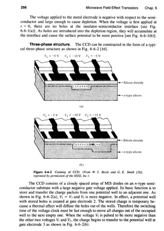256 Microwave Field-Effect Transistors Chap. 6
The voltage applied to the metal electrode is negative with respect to the semi-
conductor and large enough to cause depletion. When the voltage is first applied at
t = 0, there are no holes at the insulator-semiconductor interface [see Fig.
6-6-l (a)]. As holes are introduced into the depletion region, they will accumulate at
the interface and cause the surface potential to be more positive [see Fig. 6-6-l(b)].
Three-phase structure. The ceo can be constructed in the form of a typi-
cal three-phase structure as shown in Fig. 6-6-2 [16].
V1 =-5Y V2
=-10V V3 =-5V
Silicon dioxide
(a)
Silicon dioxide
n-type silicon
(b)
Figure 6-6-2 Cutaway of CCD. (From W. S. Boyle and G. E. Smith [I6];
reprinted by permission of the IEEE, Inc.)
The CCO consists of a closely spaced array of MIS diodes on an n-type semi-
conductor substrate with a large negative gate voltage applied. Its basic function is to
store and transfer the charge packets from one potential well to an adjacent one. As
shown in Fig. 6-6-2(a), Vt = V3 and V2 is more negative. In effect, a potential well
with stored holes is created at gate electrode 2. The stored charge is temporary be-
cause a thermal effect will diffuse the holes out of the wells. Therefore the switching
time of the voltage clock must be fast enough to move all charges out of the occupied
well to the next empty one. When the voltage V3 is pulsed to be more negative than
the other two voltages Vt and V2, the charge begins to transfer to the potential well at
gate electrode 3 as shown in Fig. 6-6-2(b).
 