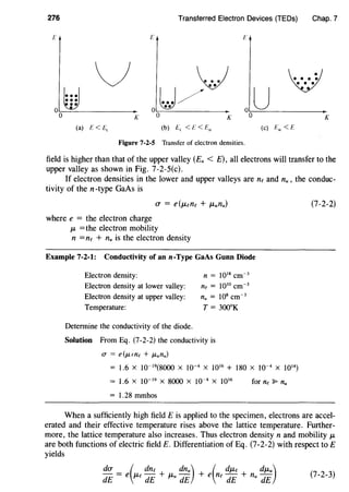 276 Transferred Electron Devices (TEDs) Chap. 7
v v v.u/· ·~u-0 K 0 KK
(a) E < t~
Figure 7-2-5 Transfer of electron densities.
field is higher than that of the upper valley (Eu < E), all electrons will transfer to the
upper valley as shown in Fig. 7-2-S(c).
If electron densities in the lower and upper valleys are nc and nu , the conduc-
tivity of the n-type GaAs is
where e = the electron charge
f-L =the electron mobility
n =nc + nu is the electron density
Example 7-2-1: Conductivity of ann-Type GaAs Gunn Diode
Electron density:
Electron density at lower valley:
Electron density at upper valley:
Temperature:
n = 1018
cm-3
ne = 1010
cm-3
nu = 108
cm-3
T = 300°K
Determine the conductivity of the diode.
Solution From Eq. (7-2-2) the conductivity is
(T = e(J.tenc + f-Lunu)
= 1.6 X 10-19
(8000 X 10-4
X 1016
+ 180 X 10-4
X 1014
)
= 1.6 X 10- 19
X 8000 X 10-4
X 1016
= 1.28 mmhos
for ne ~ nu
(7-2-2)
When a sufficiently high field E is applied to the specimen, electrons are accel-
erated and their effective temperature rises above the lattice temperature. Further-
more, the lattice temperature also increases. Thus electron density n and mobility f-L
are both functions of electric field E. Differentiation of Eq. (7-2-2) with respect toE
yields
(7-2-3)
 