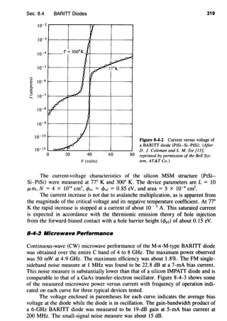 Sec. 8.4
J0-2
J0-3
10-4
10-5
,.-.,
"' 10-6e.,0.
E
-.! 10-7.....
10-8
10-9
10-10
10-11
BARITT Diodes 319
r
T= 300°K I-
~
ru;,..-
j
/~
J
/
~v0 20 40
V (volts)
60
Figure 8-4-2 Current versus voltage of
a BARITI diode (PtSi-Si-PtSi). (After
D. J. Coleman and S.M. Sze [13];
80 reprinted by permission of the Bell Sys-
tem, AT&T Co.)
The current-voltage characteristics of the silicon MSM structure (PtSi-
Si-PtSi) were measured at 77° K and 300° K. The device parameters are L = 10
JLm, N = 4 X 1014
cm3
, c/Jnl = c/Jn2 = 0.85 eV, and area = 5 X 10-4
cm2
•
The current increase is not due to avalanche multiplication, as is apparent from
the magnitude of the critical voltage and its negative temperature coefficient. At 77°
K the rapid increase is stopped at a current of about 10 - 5
A. This saturated current
is expected in accordance with the thermionic emission theory of hole injection
from the forward-biased contact with a hole barrier height (c/Jp2) of about 0.15 eV.
8·4·3 Microwave Performance
Continuous-wave (CW) microwave performance of the M-n-M-type BARITT diode
was obtained over the entire C band of 4 to 8 GHz. The maximum power observed
was 50 mW at 4.9 GHz. The maximum efficiency was about 1.8%. The FM single-
sideband noise measure at 1 MHz was found to be 22.8 dB at a 7-mA bias current.
This noise measure is substantially lower than that of a silicon IMPATT diode and is
comparable to that of a GaAs transfer-electron oscillator. Figure 8-4-3 shows some
of the measured microwave power versus current with frequency of operation indi-
cated on each curve for three typical devices tested.
The voltage enclosed in parentheses for each curve indicates the average bias
voltage at the diode while the diode is in oscillation. The gain-bandwidth product of
a 6-GHz BARITT diode was measured to be 19-dB gain at 5-mA bias current at
200 MHz. The small-signal noise measure was about 15 dB.
 