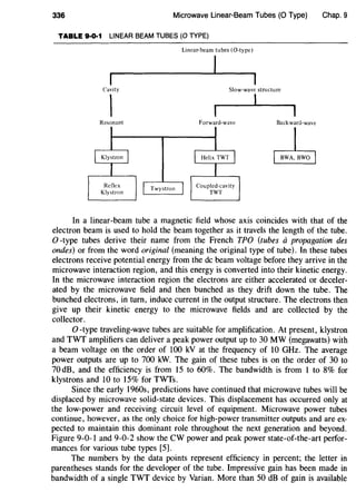 336 Microwave Linear-Beam Tubes (0 Type)
TABLE 9·0·1 LINEAR BEAM TUBES (0 TYPE)
Cavity

Resonant
Reflex
Klystron
Linear-beam tubes (0-type)
I
Slow-wave structure
Forward-wave
Coupled-cavity
TWT
I
Backward-wave
~
Chap. 9
In a linear-beam tube a magnetic field whose axis coincides with that of the
electron beam is used to hold the beam together as it travels the length of the tube.
0 -type tubes derive their name from the French TPO (tubes apropagation des
ondes) or from the word original (meaning the original type of tube). In these tubes
electrons receive potential energy from the de beam voltage before they arrive in the
microwave interaction region, and this energy is converted into their kinetic energy.
In the microwave interaction region the electrons are either accelerated or deceler-
ated by the microwave field and then bunched as they drift down the tube. The
bunched electrons, in turn, induce current in the output structure. The electrons then
give up their kinetic energy to the microwave fields and are collected by the
collector.
0 -type traveling-wave tubes are suitable for amplification. At present, klystron
and TWT amplifiers can deliver a peak power output up to 30 MW (megawatts) with
a beam voltage on the order of 100 kV at the frequency of 10 GHz. The average
power outputs are up to 700 kW. The gain of these tubes is on the order of 30 to
70 dB, and the efficiency is from 15 to 60%. The bandwidth is from 1 to 8% for
klystrons and 10 to 15% for TWTs.
Since the early 1960s, predictions have continued that microwave tubes will be
displaced by microwave solid-state devices. This displacement has occurred only at
the low-power and receiving circuit level of equipment. Microwave power tubes
continue, however, as the only choice for high-power transmitter outputs and are ex-
pected to maintain this dominant role throughout the next generation and beyond.
Figure 9-0-1 and 9-0-2 show the CW power and peak power state-of-the-art perfor-
mances for various tube types [5].
The numbers by the data points represent efficiency in percent; the letter in
parentheses stands for the developer of the tube. Impressive gain has been made in
bandwidth of a single TWT device by Varian. More than 50 dB of gain is available
 