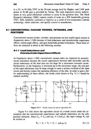 338 Microwave Linear-Beam Tubes (0 Type) Chap.9
in a 93- to 95-GHz TWT at the 50-watt average level by Hughes, and 2-kW peak
power at 30-dB gain is provided by Varian. The most impressive power achieve-
ments at very good efficiencies continue to occur in the gyrotron area. The Naval
Research Laboratory (NRL) reports results of work on a 30% bandwidth gyrotron
TWT. Tube reliability continues to improve as a result of low-temperature cathode
technology, better materials, and quality control in manufacture.
9·1 CONVENTIONAL VACUUM TRIODES, TETRODES, AND
PENTODES
Conventional vacuum triodes, tetrodes, and pentodes are less useful signal sources at
frequencies above 1 GHz because of lead-inductance and interelectrode-capacitance
effects, transit-angle effects, and gain-bandwidth product limitations. These three ef-
fects are analyzed in detail in the following sections.
9·1·1 Lead-Inductance and
lnterelectrode·Capacitance Effects
At frequencies above 1 GHz conventional vacuum tubes are impaired by parasitic-
circuit reactances because the circuit capacitances between tube electrodes and the
circuit inductance of the lead wire are too large for a microwave resonant circuit.
Furthermore, as the frequency is increased up to the microwave range, the real part
of the input admittance may be large enough to cause a serious overload of the input
circuit and thereby reduce the operating efficiency of the tube. In order to gain a bet-
ter understanding of these effects, the triode ciruit shown in Fig. 9-1-1 should be
studied carefully.
Figure 9-1-1 Triode circuit (a) and its equivalent (b).
Figure 9-1-1(b) shows the equivalent circuit of a triode circuit under the as-
sumption that the interelectrode capacitances and cathode inductance are the only
parasitic elements. Since C8p «i C8k and wLk «i 1/(wC8k), the input voltage Vin can
be written as
(9-1-1)
 