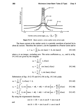 352 Microwave Linear-Beam Tubes (0 Type) Chap. 9
X=O
::::::="'~----- /.. / ~~ ~----
-~~ """--
I
_., 0 +'lr
Catcher cavity arrival angles, wt2 - (eo + ~g)
Figure 9-2-11 Beam current i2 versus catcher cavity arrival angle.
The beam current at the catcher cavity is a periodic waveform of period 2TT/w
about de current. Therefore the current iz can be expanded in a Fourier series and so
iz = ao + L [an cos (nwtz) + bn sin (nwtz)] (9-2-43)
n=I
where n is an integer, excluding zero. The series coefficients ao, an, and bn in Eq.
(9-2-43) are given by the integrals
1 J"'ao = 2
'TT iz d (wtz)
-.,
1 J"'an = ; cos (nwtz) d (wtz)
_.,
(9-2-44)
1 J"'bn = ; iz sin (nwtz) d(wtz)
_.,
Substitution of Eqs. (9-2-37) and (9-2-39) in Eq. (9-2-44) yields
1 J"'ao =
2
'TT lo d (wto) = /0
-.,
(9-2-45)
an = -; J"' lo cos [(nwto + niJg + nOo) + nX sin (wto + ~g)] d (wto)
_.,
(9-2-46)
bn = -; J"' lo sin [(nwto + niJg + nOo) + nX sin (wto + i)] d (wto)
_.,
(9-2-47)
By using the trigonometric functions
cos (A ± B) = cos A cos B + sin A sin B
and
sin (A ± B) = sin A cos B ± cos A sin B
 