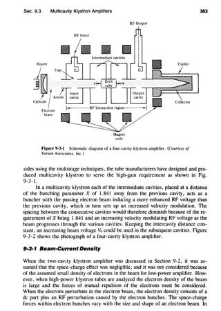 Sec. 9.3 Multicavity Klystron Amplifiers
RF Output
RF Input
Heater
Electron
beam
Magnet
coils
Figure 9-3-1 Schematic diagram of a four-cavity klystron amplifier. (Courtesy of
Varian Associates. Inc.)
363
sides using the multistage techniques, the tube manufacturers have designed and pro-
duced multicavity klystron to serve the high-gain requirement as shown in Fig.
9-3-1.
In a multicavity klystron each of the intermediate cavities, placed at a distance
of the bunching parameter X of 1.841 away from the previous cavity, acts as a
buncher with the passing electron beam inducing a more enhanced RF voltage than
the previous cavity, which in turn sets up an increased velocity modulation. The
spacing between the consecutive cavities would therefore diminish because of the re-
quirement of X being 1.841 and an increasing velocity modulating RF voltage as the
beam progresses through the various cavities. Keeping the intercavity distance con-
stant, an increasing beam voltage Vo could be used in the subsequent cavities. Figure
9-3-2 shows the photograph of a four-cavity klystron amplifier.
9·3·1 Beam-Current Density
When the two-cavity klystron amplifier was discussed in Section 9-2, it was as-
sumed that the space-charge effect was negligible, and it was not considered because
of the assumed small density of electrons in the beam for low-power amplifier. How-
ever, when high-power klystron tubes are analyzed the electron density of the beam
is large and the forces of mutual repulsion of the electrons must be considered.
When the elecrons perturbate in the electron beam, the electron density consists of a
de part plus an RF perturbation caused by the electron bunches. The space-charge
forces within electron bunches vary with the size and shape of an electron beam. In
 