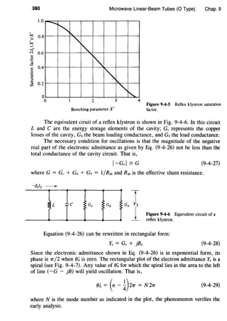 380
~
~
......-"'....
2(.)
~
c::
0
·a
e:s....
~
1.0
0.8
0.6
0.4
0.2
0
0
-....
"'
Microwave Linear-Beam Tubes (0 Type) Chap. 9
r'l...
"~
~
"""r'-.
2 3 4
Bunching parameter X'
Figure 9-4-5 Reflex klystron saturation
factor.
The equivalent ciruit of a reflex klystron is shown in Fig. 9-4-6. In this circuit
L and C are the energy storage elements of the cavity; Gc represents the copper
losses of the cavity, Gb the beam loading conductance, and Gc the load conductance.
The necessary condition for oscillations is that the magnitude of the negative
real part of the electronic admittance as given by Eq. (9-4-26) not be less than the
total conductance of the cavity circuit. That is,
1-Gel ~ G (9-4-27)
where G = Gc + Gb + Gc = 1/Rsh and Rsh is the effective shunt resistance.
Figure 9-4-6 Equivalent circuit of a
reflex klystron.
Equation (9-4-26) can be rewritten in rectangular form:
Ye = Ge + jBe (9-4-28)
Since the electronic admittance shown in Eq. (9-4-26) is in exponential form, its
phase is 7T /2 when ()~ is zero. The rectangular plot of the electron admittance Ye is a
spiral (see Fig. 9-4-7). Any value of()~ for which the spiral lies in the area to the left
of line (-G - jB) will yield oscillation. That is,
~=G-0~=N~ ~4m
where N is the mode number as indicated in the plot, the phenomenon verifies the
early analysis.
 