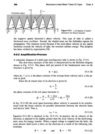 -67T
T
388 Microwave Linear-Beam Tubes (0 Type) Chap. 9
w w
If= c
Forbidden region
-41T -21T 0
T T
21T
T
41T
T
(3 Figure 9-5-5 w-{3 diagram of spatial
harmonics for helical structure.
the negative spatial harmonic's phase velocity. This type of tube is called a
backward-wave oscillator. Second, the shaded areas are the forbidden regions for
propagation. This situation occurs because if the axial phase velocity of any spatial
harmonic exceeds the velocity of light, the structure radiates energy. This property
has been verified by experiments [10].
9·5·2 Amplification Process
A schematic diagram of a helix-type traveling-wave tube is shown in Fig. 9-5-6.
The slow-wave structure of the helix is characterized by the Brillouin diagram
shown in Fig. 9-5-5. The phase shift per period of the fundamental wave on the
structure is given by
(9-5-18)
where f3o = w/vo is the phase constant of the average beam velocity and Lis the pe-
riod or pitch.
Since the de transit time of an electron is given by
L
To=-
Vo
the phase constant of the nth space harmonic is
f3n = w = Ot + 27rn = /3o + 21rn
Vo voTo L
(9-5-19)
(9-5-20)
In Eq. (9-5-20) the axial space-harmonic phase velocity is assumed to be synchro-
nized with the beam velocity for possible interactions between the electron beam
and electric field. That is,
Vnp = Vo (9-5-21)
Equation (9-5-20) is identical to Eq. (9-5-13). In practice, the de velocity of the
electrons is adjusted to be slightly greater than the axial velocity of the electromag-
netic wave for energy transfer. When a signal voltage is coupled into the helix, the
axial electric field exerts a force on the electrons as a result of the following rela-
tionships:
F = - eE and E = - VV (9-5-22)
 