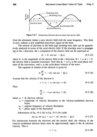 390 Microwave Linear-Beam Tubes (0 Type) Chap. 9
Accelerating force
Figure 9-5-7 Interactions between electron beam and electric field.
from the attenuator induce a new electric field with the same frequency. This field,
in turn, induces a new amplified microwave signal on the helix.
The motion of electrons in the helix-type traveling-wave tube can be quantita-
tively analyzed in terms of the axial electric field. If the traveling wave is propagat-
ing in the z direction, the z component of the electric field can be expressed as
Ez = E1 sin (wt - {3pz) (9-5-23)
where E1 is the magnitude of the electric field in the z direction. If t = to at z = 0,
the electric field is assumed maximum. Note that {3p = w/vP is the axial phase con-
stant of the microwave, and Vp is the axial phase velocity of the wave.
The equation of motion of the electron is given by
m ~~ = -eEl sin (wt - {3pz)
Assume that the velocity of the electron is
V = Vo + Ve COS (wet + Oe)
Then
dv
dt
where vo = de electron velocity
-veWe sin (wet + Oe)
(9-5-24)
(9-5-25)
(9-5-26)
ve = magnitude of velocity fluctuation in the velocity-modulated electron
beam
we = angular frequency of velocity fluctuation
Oe = phase angle of the fluctuation
Substitution of Eq. (9-5-26) in Eq. (9-5-24) yields
mVeWe sin (wet + We) = eE1 sin (wt - {3pz) (9-5-27)
For interactions between the electrons and the electric field, the velocity of the
velocity-modulated electron beam must be approximately equal to the de electron
velocity. This is
v = Vo (9-5-28)
 