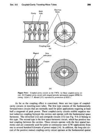 Sec. 9.6 Coupled-Cavity Traveling-Wave Tubes
Drift
Cavity tube
Magnet
Coupling hole
(a)
Iron
pole piece
(b)
Electron
beam
Figure 9-6-1 Coupled-cavity circuits in the TWTs. (a) Basic coupled-cavity cir-
cuit. (b) Coupled-cavity circuit with integral periodic-permanent-magnet (PPM) fo-
cusing. (After J. T. Mendel [15]; reprinted by permission of JEEE.)
399
As far as the coupling effect is concerned, there are two types of coupled-
cavity circuits in traveling-wave tubes. The first type consists of the fundamentally
forward-wave circuits that are normally used for pulse applications requiring at least
half a megawatt of peak power. These coupled-cavity circuits exhibit negative mu-
tual inductive coupling between the cavities and operate with the fundamental space
harmonic. The cloverleaf [12] and centipede circuits [13] (see Fig. 9-6-2) belong to
this type. The second type is the first space-harmonic circuit, which has positive mu-
tual coupling between the cavities. These circuits operate with the first spatial har-
monic and are commonly used for pulse or continuous wave (CW) applications from
one to several hundred kilowatts of power output [14]. In addition, the long-slot cir-
cuit of the positive mutual coupling-cavity circuit operates at the fundamental spatial
 