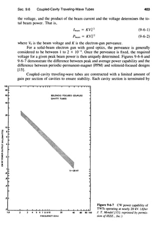 100
80
60
40
20
10
~ 8
~ 6
....
g
~
4
~::;)
0
cz:
w
~ 2
~
...cz:
jlj
.a
.a
...
•2
.I
1.0
Sec. 9.6 Coupled-Cavity Traveling-Wave Tubes 403
the voltage, and the product of the beam current and the voltage determines the to-
tal beam power. That is,
/beam = KV612
Pbeam = KV512
(9-6-1)
(9-6-2)
where Vo is the beam voltage and K is the electron-gun perveance.
For a solid-beam electron gun with good optics, the perveance is generally
considered to be between 1 to 2 X w-6
• Once the perveance is fixed, the required
voltage for a given peak beam power is then uniquely determined. Figures 9-6-6 and
9-6-7 demonstrate the difference between peak and average power capability and the
difference between periodic-permanent-magnet (PPM) and solenoid-focused designs
[15].
Coupled-cavity traveling-wave tubes are constructed with a limited amount of
gain per section of cavities to ensure stability. Each cavity section is terminated by
SOLENOID FOCUSED COUPLED
CAVITY TUBES
3 4 5 6 7 8 910 20
FREQUENCY (GHzl
V •20kV
Figure 9-6-7 CW power capability of
TWTs operating at nearly 20 kV. (After
40 eo eo too J. T. Mendel [i5]; reprinted by permis-
sion ofiEEE., inc.)
 