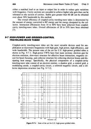 404 Microwave Linear-Beam Tubes (0 Type) Chap. 9
either a matched load or an input or output line in order to reduce gain variations
with frequency. Cavity sections are cascaded to achieve higher tube gain than can be
tolerated in one section of cavities. Stable gain greater than 60 dB can be obtained
over about 30% bandwidth by this method.
The overall efficiency of coupled-cavity traveling-wave tubes is determined by
the amount of energy converted to RF energy and the energy dissipated by the col-
lector. Interaction efficiencies from 10 to 40% have been achieved from coupled-
cavity traveling-wave tubes. Overall efficiencies of 20 to 55% have been obtained
[7].
9·7 HIGH·POWER AND GRIDDED·CONTROL
TRAVELING-WAVE TUBES
Coupled-cavity traveling-wave tubes are the most versatile devices used for am-
plification at microwave frequencies with high gain, high power, high efficiency, and
wide bandwidth. The present state of the art for U.S. high-power gridded tubes is
shown in Fig. 9-7-l. High-power TWTs have four main sections: electron gun for
electron emission, slow-wave structure for effective beam interaction, magnetic cir-
cuit for beam focusing, and collector structure for collecting electron beams and dis-
sipating heat energy. Specifically, the physical components of a coupled-cavity
traveling-wave tube consist of an electron emitter, a shadow grid, a control grid, a
modulating anode, a coupled-cavity circuit, a solenoid magnetic circuit, and a col-
lector depression structure (see Fig. 9-7-2).
20
~
0
8
...-
3
~
::>
:0::>
0
"'
2
~
l? ~
" ~
1~
0.8
0.8
0.5
o.•
0.3
0.2
0.05 0.1 0.2 0.4 0.6 1 2 10 20 30
FREQUENCY, GHz
Figure 9-7-1 State of the art for U.S. high-power gridded tubes.
 