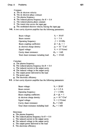 Chap. 9 Problems
Compute:
a. The de electron velocity
b. The de electron phase constant
c. The plasma frequency
d. The reduced plasma frequency for R = 0.4
e. The reduced plasma phase constant
f. The transit time across the input gap
g. The modulated electron velocity leaving the input gap
9-8. A two-cavity klystron amplifier has the following parameters:
Beam voltage:
Beam current:
Operating frequency:
Beam coupling coefficient:
de electron charge density:
Signal voltage:
Cavity shunt resistance:
Total shunt resistance including load:
Calculate:
a. The plasma frequency
b. The reduced plasma frequency for R = 0.4
c. The induced current in the output cavity
d. The induced voltage in the output cavity
e. The output power delivered to the load
f. The power gain
g. The electronic efficiency
Vo = 30 kV
lo = 3 A
f = 10 GHz
f3; = /3o = 1
Po= 10-7
C/m3
VI= 15 V(rms)
Rsh = 1kfi
Rsht = 10 kfi
9-9. A four-cavity klystron amplifier has the following parameters:
Beam voltage:
Beam current:
Operating frequency:
Beam coupling coefficient:
de electron charge density:
Signal voltage:
Cavity shunt resistance:
Total shunt resistance including load:
Determine:
a. The plasma frequency
b. The reduced plasma frequency for R = 0.4
c. The induced current in the output cavity
d. The induced voltage in the output cavity
e. The output power delivered to the load
f. The electronic efficiency
Vo = 20 kV
lo = 1.5 A
f = 2 GHz
f3; = /3o = 1
Po = 1o-6
Clm3
V1 = 2 V(rms)
Rsh = 2 kfi
Rsht = 1 kfi
421
 