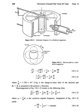428 Microwave Crossed-Field Tubes (M Type)
Figure 10-1-1 Schematic diagram of a cylindrical magnetron.
Electron
path
Chap. 10
Figure 10-1-2 Electron path in a cylin-
drical magnetron.
(10-1-1)
(10-1-2)
where !... = 1.759 x 1011
C/kg is the charge-to-mass ratio of the electron and
m
Bo = Bz is assumed in the positive z direction.
Rearrangement of Eq. (10-1-2) results in the following form
d ( 2 dcjJ) _ e dr _ 1 d 2
dt r dt - mBzr dt - 2Wc dt (r) (10-1-3)
where We= !...sz is the cyclotron angular frequency. Integration of Eq. (10-1-3)
m
yields
(10-1-4)
 