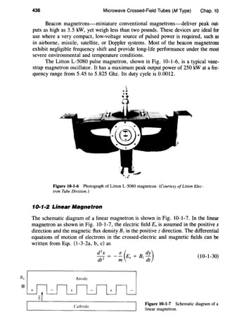 436 Microwave Crossed-Field Tubes (M Type) Chap. 10
Beacon magnetrons-miniature conventional magnetrons-deliver peak out-
puts as high as 3.5 kW, yet weigh less than two pounds. These devices are ideal for
use where a very compact, low-voltage source of pulsed power is required, such as
in airborne, missile, satellite, or Doppler systems. Most of the beacon magnetrons
exhibit negligible frequency shift and provide long-life performance under the most
severe environmental and temperature conditions.
The Litton L-5080 pulse magnetron, shown in Fig. 10-1-6, is a typical vane-
strap magnetron oscillator. It has a maximum peak output power of 250 kW at a fre-
quency range from 5.45 to 5.825 Ghz. Its duty cycle is 0.0012.
Figure 10-1-6 Photograph of Litton L-5080 magnetron. (Courtesy ofLitton Elec-
tron Tube Division.)
10·1·2 Linear Magnetron
The schematic diagram of a linear magnetron is shown in Fig. 10-1-7. In the linear
magnetron as shown in Fig. 10-1-7, the electric field Ex is assumed in the positive x
direction and the magnetic flux density Bz in the positive z direction. The differential
equations of motion of electrons in the crossed-electric and magnetic fields can be
written from Eqs. (1-3-2a, b, c) as
B;~+ It - + - + -
I Cathode I
(10-1-30)
Figure 10-1-7 Schematic diagram of a
linear magnetron.
 