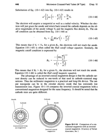 446 Microwave Crossed-Field Tubes (M Type) Chap. 10
Substitution of Eq. (10-1-62) into Eq. (10-1-63) results in
(10-1-64)
The electron will acquire a tangential as well as a radial velocity. Whether the elec-
tron will just graze the anode and return back toward the cathode depends on the rel-
ative magnitudes of the anode voltage Vo and the magnetic flux density B0 • The cut-
off condition can be obtained from Eq. (10-1-64) as
Voc = -B6a2
1 - -e ( b2)2
8m a 2 (10-1-65)
This means that if Vo < V0c for a given Bo, the electrons will not reach the anode.
Equation (10-1-65) is often called the Hull cutoff voltage equation. Similarly, the
magnetic cutoff condition is expressed by
-(svo;)112
BOc = -a-(..,..:.1----'~---:)- (10-1-66)
This means that if Bo > B0c for a given Vo , the electrons will not reach the anode.
Equation (10-1-66) is called the Hull cutoff magnetic equation.
The advantage of an inverted coaxial magnetron design is that the cathode cur-
rent density can be reduced to one-tenth of that used in cathode-centered mag-
netrons. Thus the millimeter magnetron is a practical and long-life device. The out-
put waveguide can be in the circular electric mode that has extremely low
transmission loss. Figure 10-1-14 compares the inverted coaxial magnetron with a
conventional magnetron designed for the same frequency. It should be noted that the
cathode sizes are quite different.
Anode
Conventional rising
sun magnetron
Cathode
Inverted coaxial
magnetron
Figure 10-1-14 Comparison of a con-
ventional magnetron with an inverted
coaxial magnetron. (Courtesy of Varian
Associates, Inc.)
 