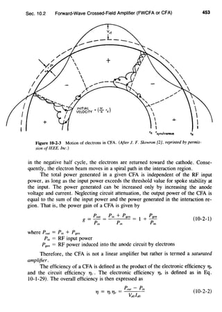 Sec. 10.2
+
Forward-Wave Crossed-Field Amplifier (FWCFA or CFA)






 /
/>(
+
+
'c 'synchronous 'o
453
Figure 10-2-3 Motion of electrons in CFA. (After J. F. Skowron {2], reprinted by permis-
sion of IEEE, Inc.)
in the negative half cycle, the electrons are returned toward the cathode. Conse-
quently, the electron beam moves in a spiral path in the interaction region.
The total power generated in a given CFA is independent of the RF input
power, as long as the input power exceeds the threshold value for spoke stability at
the input. The power generated can be increased only by increasing the anode
voltage and current. Neglecting circuit attenuation, the output power of the CFA is
equal to the sum of the input power and the power generated in the interaction re-
gion. That is, the power gain of a CFA is given by
(10-2-1)
where Pout = P;n + Pgen
P;n = RF input power
Pgen = RF power induced into the anode circuit by electrons
Therefore, the CFA is not a linear amplifier but rather is termed a saturated
amplifier.
The efficiency of a CFA is defined as the product of the electronic efficiency TJe
and the circuit efficiency TJc . The electronic efficiency TJe is defined as in Eq.
10-1-29). The overall efficiency is then expressed as
TJ = TJcTJe = (10-2-2)
 