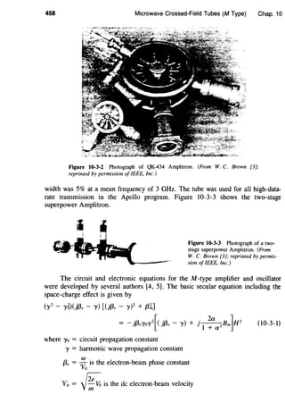 458 Microwave Crossed-Field Tubes (M Type) Chap. 10
Figure 10-3-2 Photograph of QK-434 Amplitron. (From W. C. Brown [3];
reprinted by permission of IEEE. Inc.)
width was 5% at a mean frequency of 3 GHz. The tube was used for all high-data-
rate transmission in the Apollo program. Figure 10-3-3 shows the two-stage
superpower Amp1itron.
Figure 10-3-3 Photograph of a two-
stage superpower Amplitron. (From
W. C. Brown [3]; reprinted by permis-
sion of IEEE, Inc.)
The circuit and electronic equations for the M -type amplifier and oscillator
were developed by several authors [4, 5]. The basic secular equation including the
space-charge effect is given by
(y2 - y6)(j{3. - y) [(j{3. - y)Z + {3~]
= - j{3.yoyz[( jf3e - y) + j
1
~a 2 Bm]H2
(10-3-1)
where Yo = circuit propagation constant
y = harmonic wave propagation constant
{3. = ;
0
is the electron-beam phase constant
'Vo = €vois the de electron-beam velocity
 