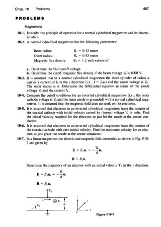 Chap. 10 Problems 467
PROBLEMS
Magnetrons
10-1. Describe the principle of operation for a normal cylindrical magnetron and its charac-
teristics.
10-2. A normal cylindrical magnetron has the following parameters:
Inner radius:
Outer radius:
Magnetic flux density:
Ra = 0.15 meter
Rb = 0.45 meter
Bo = 1.2 milliwebers/m2
a. Determine the Hull cutoff voltage.
b. Determine the cutoff magnetic flux density if the beam voltage Vo is 6000 V.
10-3. It is assumed that in a normal cylindrical magnetron the inner cylinder of radius a
carries a current of /0 in the z direction (i.e., I = louz) and the anode voltage is Vo.
The outer radius is b. Determine the differential equation in terms of the anode
voltage Vo and the current /o.
10-4. Compare the cutoff conditions for an inverted cylindrical magnetron (i.e., the inner
cathode voltage is V0 and the outer anode is grounded) with a normal cylindrical mag-
netron. It is assumed that the magnetic field does no work on the electrons.
10-5. It is assumed that electrons in an inverted cylindrical magnetron leave the interior of
the coaxial cathode with initial velocity caused by thermal voltage V, in volts. Find
the initial velocity required for the electrons to just hit the anode at the center con-
ductor.
10-6. It is assumed that electrons in an inverted cylindrical magnetron leave the interior of
the coaxial cathode with zero initial velocity. Find the minimum velocity for an elec-
tron to just graze the anode at the center conductor.
10-7. In a linear magnetron the electric and magnetic field intensities as shown in Fig. Pl0-
7 are given by
B = ByUy
Determine the trajectory of an electron with an initial velocity 'Yo in the z direction.
Vo
E = EzDz =-do,
.X-@B td
z
I
f
Figure PI0-7
 