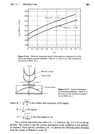 Sec. 11.1 Microstrip Lines
I T I I I I
390 r----~-
380
~
370Eu
C:
X 360
Eu
iii 350
:3
Cl.
"" 340<:j
330
__..,-
Silicon(€,. =II~7 -
~----
~-
--=v ~~
--
v v p ~GaAs (E, = 13.10)-
./
V .....v
v
320I
I I I I I
0 0.2 0.4 0.6 0.8 1.0 1.2 1.4 1.6 1.8 2.0 2.2
wjh
Figure 11-1-6 Dielectric attenuation factor of microstrip as a function of w/ h for
silicon and gallium arsenide substrates. (After R. A. Puce/ et al. [10]; reprinted by
permission of IEEE, Inc.)
Bottom of strip
Top of strip
481
Figure 11-1-7 Current distribution
on microstrip conductors. (After R. A.
Puce/ et al. [10]; reprinted by permis-
sion of IEEE, Inc.)
where Rs = #is the surface skin resistance in fi/square,
Rs = 0~ is fi/square
5 = ' ; is the skin depth in em
Y-;;;t,.;;
For a narrow microstrip line with w/ h < 1, however, Eq. (11-1-21) is not ap-
plicable. The reason is that the current distribution in the conductor is not uniform,
as assumed. Pucel and his coworkers [10, 11] derived the following three formulas
from the results of Wheeler's work [3]:
 