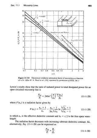 Sec. 11.1 Microstrip Lines
I L____L__~~_L~~LL~~~LL----L-~--~~~
0.1 0.2 0.3 0.4 0.6 0.8 1.0 2 3 4
w/11
Figure 11-1-8 Theoretical conductor attenuation factor of microstrip as a function
of w/h. (After R. A. Puce[ et al. [IO]; reprinted by permission ofIEEE, Inc.)
483
Lewin's results show that the ratio of radiated power to total dissipated power for an
open-circuited microstrip line is
(11-1-28)
where F (Ere) is a radiation factor given by
F (Ere) = Ere + 1 _ Ere - 1 In v'z. + 1
Ere 2EreVZ. VZ. - 1
(11-1-29)
in which Ere is the effective dielectric constant and Ao = c/ f is the free-space wave-
length.
The radiation factor decreases with increasing substrate dielectric constant. So,
alternatively, Eq. (11-1-28) can be expressed as
(11-1-30)
 