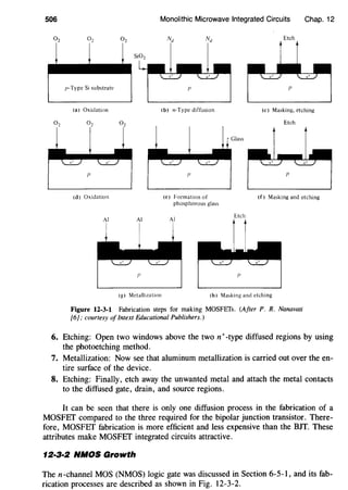 506
p-Type Si substrate
(a) Oxidation
p
(d) Oxidation
AI
Monolithic Microwave Integrated Circuits Chap. 12
AI
,,
(g) Metalhlation
(b) n-Type diffusion
(e) Formation of
phosphorous glass
AI
Etch
Etch
"
(c) Masking, etching
Etch
(f) Masking and etching
(h) Masking and etching
Figure 12-3-1 Fabrication steps for making MOSFEfs. (After P. R. Nanavati
[6]; courtesy oflntext Educational Publishers.)
6. Etching: Open two windows above the two n+-type diffused regions by using
the photoetching method.
7. Metallization: Now see that aluminum metallization is carried out over the en-
tire surface of the device.
8. Etching: Finally, etch away the unwanted metal and attach the metal contacts
to the diffused gate, drain, and source regions.
It can be seen that there is only one diffusion process in the fabrication of a
MOSFEf compared to the three required for the bipolar junction transistor. There-
fore, MOSFEf fabrication is more efficient and less expensive than the BJT. These
attributes make MOSFEf integrated circuits attractive.
12·3·2 NMOS Growth
Then-channel MOS (NMOS) logic gate was discussed in Section 6-5-1, and its fab-
rication processes are described as shown in Fig. 12-3-2.
 