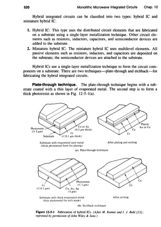 520 Monolithic Microwave Integrated Circuits Chap. 12
Hybrid integrated circuits can be classified into two types: hybrid IC and
miniature hybrid IC.
1. Hybrid IC: This type uses the distributed circuit elements that are fabricated
on a substrate using a single-layer metallization technique. Other circuit ele-
ments such as resistors, inductors, capacitors, and semiconductor devices are
added to the substrate.
2. Miniature hybrid IC: The miniature hybrid IC uses multilevel elements. All
passive elements such as resistors, inductors, and capacitors are deposited on
the substrate; the semiconductor devices are attached to the substrate.
Hybrid ICs use a single-layer metallization technique to form the circuit com-
ponents on a substrate. There are two techniques-plate-through and etchback-for
fabricating the hybrid integrated circuits.
Plate-through technique. The plate-through technique begins with a sub-
strate coated with a thin layer of evaporated metal. The second step is to form a
thick photoresist as shown in Fig. 12-5-l(a).
Substrate with evaporated seed metal After plating and etching
(thick photoresist form for plating)
(a) Plate-through technique
Substrate with thick evaporated metal
(thin photoresist for etch mask)
(b) Etchback technique
After etching
Figure 12-5-1 Fabrication of hybrid ICs. (After M. Kumar and/. J. Baht [13};
reprinted by permission ofJohn Wiley & Sons.)
 