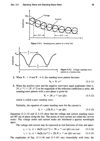 Sec. 3.3 Standing Wave and Standing-Wave Ratio
Max ....._
.."0
.€ Min
0.
E
<
Figure 3-3-1
Voltage
Standing-wave pattern in a lossy line.
73
0 z
Figure 3-3-2 Voltage standing-wave
pattern in a lossless line.
2. When V+ = 0 and V- *0, the standing-wave pattern becomes
Vo = V-e'" (3-3-11)
3. When the positive wave and the negative wave have equal amplitudes (that is,
IV+e-az I= IV- eaz I) or the magnitude of the reflection coefficient is unity, the
standing-wave pattern with a zero phase is given by
Vs = 2V+e-az COS ({3z)
which is called a pure standing wave.
Similarly, the equation of a pure standing wave for the current is
Is = - }2YoV+e-az sin ({3z)
(3-3-12)
(3-3-13)
Equations (3-3-12) and (3-3-13) show that the voltage and current standing waves
are 90° out of phase along the line. The points of zero current are called the current
nodes. The voltage nodes and current nodes are interlaced a quarter wavelength
apart.
The voltage and current may be expressed as real functions of time and space:
Vs = (z, t) = Re[Vs(z)ejwt] = 2V+e-az COS ({3z) COS (wt)
is = (z, t) = Re[ls(z)ejwt] = 2Y0 V+e-az sin ({3z) sin (wt)
(3-3-14)
(3-3-15)
The amplitudes of Eqs. (3-3-14) and (3-3-15) vary sinusoidally with time; the
 