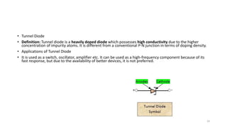• Tunnel Diode
• Definition: Tunnel diode is a heavily doped diode which possesses high conductivity due to the higher
concentration of impurity atoms. It is different from a conventional P-N junction in terms of doping density.
• Applications of Tunnel Diode
• It is used as a switch, oscillator, amplifier etc. It can be used as a high-frequency component because of its
fast response, but due to the availability of better devices, it is not preferred.
19
 