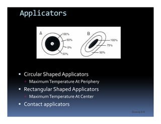 Applicators
Circular Shaped Applicators
MaximumTemperature At Periphery
Rectangular Shaped Applicators
MaximumTemperature At Center
Contact applicators
Sreeraj S R
 
