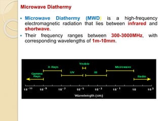 Microwave Diathermy
 Microwave Diathermy (MWD) is a high-frequency
electromagnetic radiation that lies between infrared and
shortwave.
 Their frequency ranges between 300-3000MHz, with
corresponding wavelengths of 1m-10mm.
 