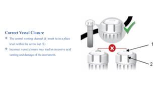 Correct Vessel Closure
 The central venting channel (1) must be in a place
level within the screw cap (2).
 Incorrect vessel closure may lead to excessive acid
venting and damage of the instrument.
 