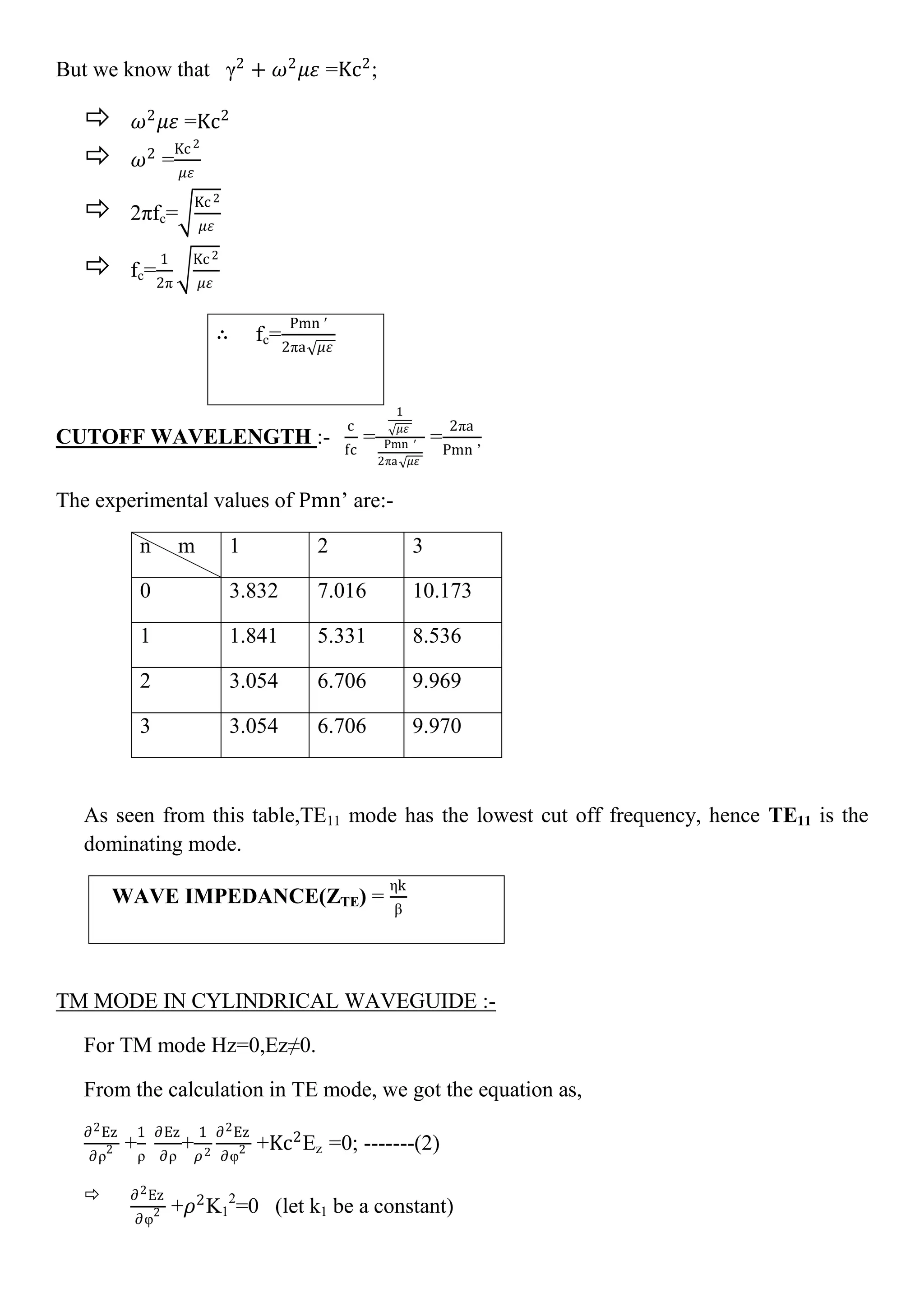 But we know that γ2
+ 𝜔2
𝜇𝜀 =Kc2
;
 𝜔2
𝜇𝜀 =Kc2
 𝜔2
=
Kc2
𝜇𝜀
 2πfc=
Kc2
𝜇𝜀
 fc=
1
2π
Kc2
𝜇𝜀
∴ fc=
Pmn ′
2πa 𝜇𝜀
CUTOFF WAVELENGTH :-
c
fc
=
1
𝜇𝜀
Pmn ′
2πa 𝜇𝜀
=
2πa
Pmn ’
The experimental values of Pmn’ are:-
As seen from this table,TE11 mode has the lowest cut off frequency, hence TE11 is the
dominating mode.
TM MODE IN CYLINDRICAL WAVEGUIDE :-
For TM mode Hz=0,Ez≠0.
From the calculation in TE mode, we got the equation as,
∂2Ez
∂ρ2 +
1
ρ
∂Ez
∂ρ
+
1
𝜌2
∂2Ez
∂φ2 +Kc2
Ez =0; -------(2)
 ∂2Ez
∂φ2 +𝜌2
K1
2
=0 (let k1 be a constant)
n m 1 2 3
0 3.832 7.016 10.173
1 1.841 5.331 8.536
2 3.054 6.706 9.969
3 3.054 6.706 9.970
WAVE IMPEDANCE(ZTE) =
ηk
β
 