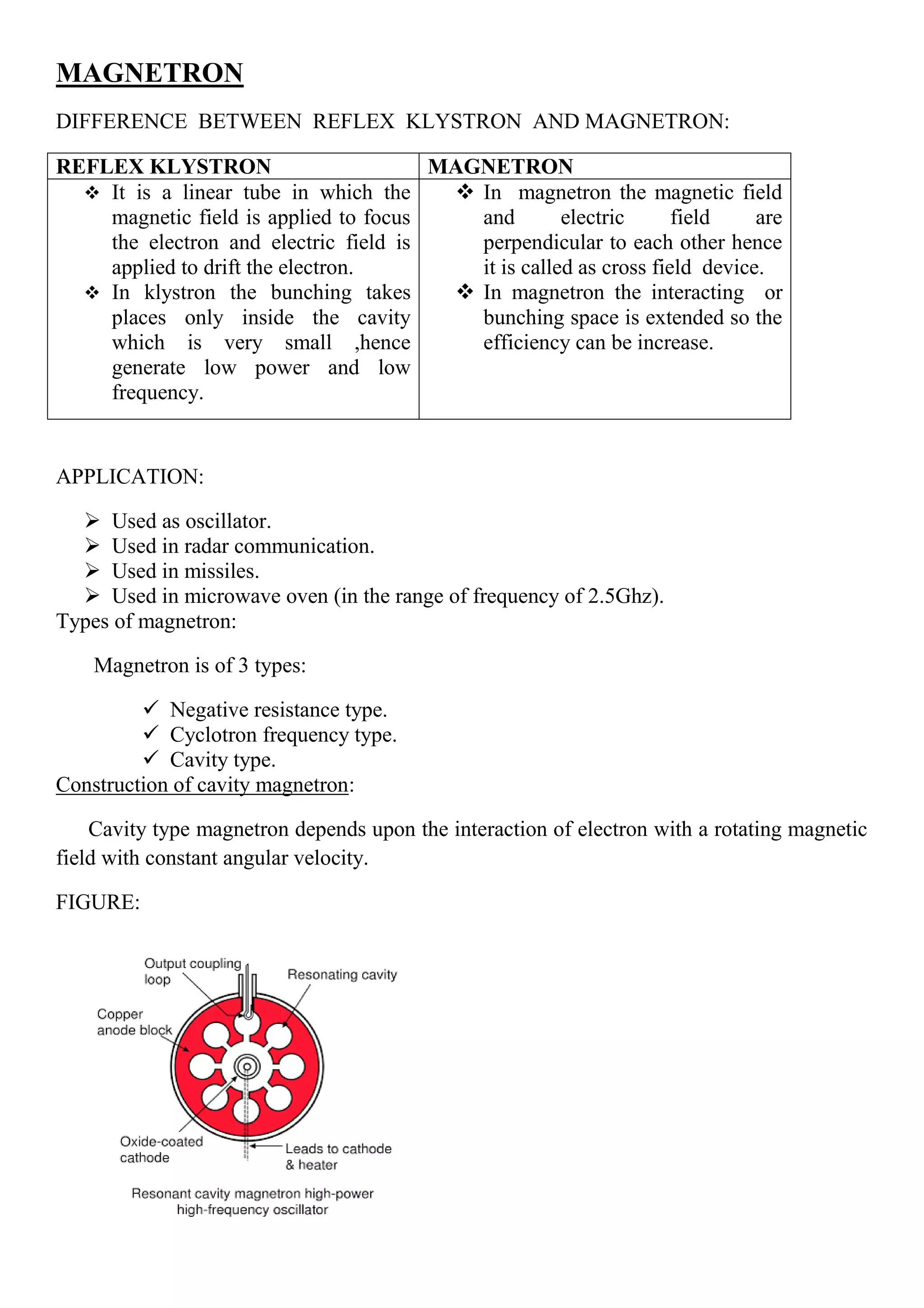 MAGNETRON
DIFFERENCE BETWEEN REFLEX KLYSTRON AND MAGNETRON:
REFLEX KLYSTRON MAGNETRON
 It is a linear tube in which the
magnetic field is applied to focus
the electron and electric field is
applied to drift the electron.
 In klystron the bunching takes
places only inside the cavity
which is very small ,hence
generate low power and low
frequency.
 In magnetron the magnetic field
and electric field are
perpendicular to each other hence
it is called as cross field device.
 In magnetron the interacting or
bunching space is extended so the
efficiency can be increase.
APPLICATION:
 Used as oscillator.
 Used in radar communication.
 Used in missiles.
 Used in microwave oven (in the range of frequency of 2.5Ghz).
Types of magnetron:
Magnetron is of 3 types:
 Negative resistance type.
 Cyclotron frequency type.
 Cavity type.
Construction of cavity magnetron:
Cavity type magnetron depends upon the interaction of electron with a rotating magnetic
field with constant angular velocity.
FIGURE:
 