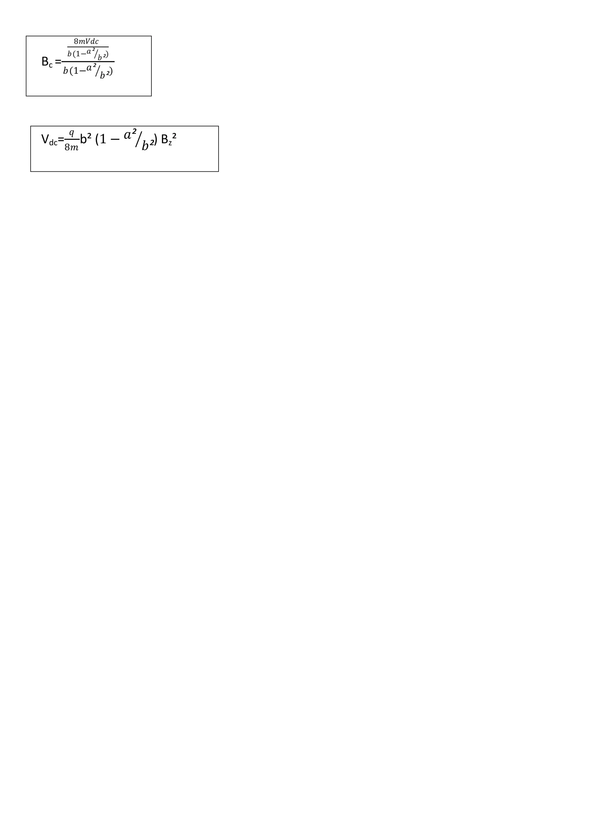Bc =
8𝑚𝑉𝑑𝑐
𝑏(1− 𝑎²
𝑏²)
𝑏(1− 𝑎²
𝑏²)
Vdc=
𝑞
8𝑚
b² (1 − 𝑎²
𝑏²) Bz²
 