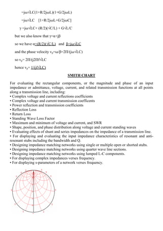 =j⍵√LC(1+R/2j⍵L)(1+G/2j⍵L)
=j⍵√LC [1+R/2j⍵L+G/2j⍵C]
γ =j⍵√LC+ (R/2)(√C/L) + G√L/C
but we also know that γ=α+jβ
so we have α=(R/2)(√C/L) and β=j⍵√LC
and the phase velocity vp=⍵/β=2Π/(j⍵√LC)
so vp= 2Π/(j2Πf√LC
hence vp= 1/(jf√LC)
SMITH CHART
For evaluating the rectangular components, or the magnitude and phase of an input
impedance or admittance, voltage, current, and related transmission functions at all points
along a transmission line, including:
• Complex voltage and current reflections coefficients
• Complex voltage and current transmission coefficents
• Power reflection and transmission coefficients
• Reflection Loss
• Return Loss
• Standing Wave Loss Factor
• Maximum and minimum of voltage and current, and SWR
• Shape, position, and phase distribution along voltage and current standing waves
• Evaluating effects of shunt and series impedances on the impedance of a transmission line.
• For displaying and evaluating the input impedance characteristics of resonant and anti-
resonant stubs including the bandwidth and Q.
• Designing impedance matching networks using single or multiple open or shorted stubs.
• Designing impedance matching networks using quarter wave line sections.
• Designing impedance matching networks using lumped L-C components.
• For displaying complex impedances verses frequency.
• For displaying s-parameters of a network verses frequency.
 