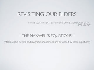 REVISITING OUR ELDERS
“IF I HAVE SEEN FURTHER, IT IS BY STANDING ON THE SHOULDERS OF GIANTS”
- ISAAC NEWTON
!THE MAXWELL’S EQUATIONS !
(Macroscopic electric and magnetic phenomena are described by these equations)
 