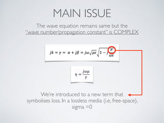 The wave equation remains same but the
“wave number/propagation constant” is COMPLEX
We’re introduced to a new term that
symbolises loss. In a lossless media (i.e, free-space),
sigma =0
MAIN ISSUE
 