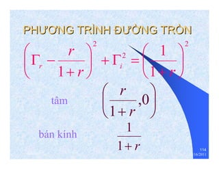 114 
PHƯƯƠƠNG TRÌNH ĐĐƯƯỜỜNG TRÒN 
2 
⎞ 
+ Γ 2 
⎟⎠ 
= 2 
⎛ 
+ 
r i 
r r 
1 
1 
1 
⎞ 
⎟⎠ 
⎜⎝ 
⎛ 
⎜⎝ 
r 
+ 
Γ − 
⎞ 
⎟⎠ 
r 
⎛ 
+ 
⎜⎝ 
0 , 
1 r 
tâm 
bán kính 
1 
1+ r 
thenhan 12/16/2011 
 