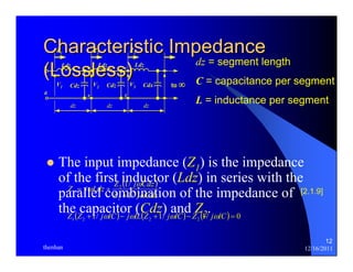 dz = segment length 
C = capacitance per segment 
L = inductance per segment 
12 
Z1 Z2 Z3 
Characteristic Impedance 
b c 
Ldz 
(Lossless) 
V1 V2 V3 Cdx 
to ∞ 
Ldz 
Cdz 
Ldz 
Cdz 
d e f 
dz dz 
a 
dz 
z The input impedance (Z1) is the impedance 
of the first inductor (Ldz) in series with the 
parallel combination of the impedance of 
the capacitor (Cdz) and Z2. 
[2.1.9] 
( ) 
Z j Cdz 
Z j Ldz Z j ω 
Cdz 
ω 
= ω 
+ 
1/ 
2 
1/ 
2 
1 + 
( 1/ ) ( 1/ ) (1/ ) 0 1 2 2 2 Z Z + jωlC − jωlL Z + jωlC − Z jωlC = 
thenhan 12/16/2011 
 