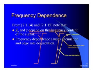 18 
Frequency Dependence 
From [2.1.14] and [2.1.15] note that: 
z Z0 and γ depend on the frequency content 
of the signal. 
z Frequency dependence causes attenuation 
and edge rate degradation. 
Attenuation 
Output signal from lossy 
transmission line 
Output signal from 
lossless transmission line 
Edge rate degradation 
Signal at driven end of 
transmission line 
thenhan 12/16/2011 
 