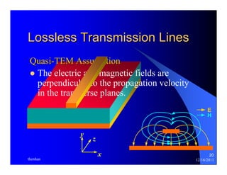H E 
20 
Lossless Transmission Lines 
Quasi-TEM Assumption 
z The electric and magnetic fields are 
perpendicular to the propagation velocity 
in the transverse planes. 
x 
y z 
thenhan 12/16/2011 
 