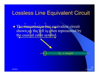 22 
Lossless Line Equivalent Circuit 
L 
L 
L 
z The transmission line equivalent circuit 
shown C 
on the C 
left is C 
often represented by 
the coaxial cable symbol. 
Z0Z, 0ν, ,v l,e lnegntghth 
thenhan 12/16/2011 
 