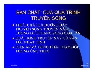 33 
BẢẢN CHẤẤT CỦỦA QUÁ TRÌNH 
TRUYỀỀN SÓNG 
z THỰC CHẤT LÀ ĐƯỜNG DÂY 
TRUYỀN SÓNG TRUYỀN NĂNG 
LƯỢNG DƯỚI DẠNG SÓNG CAO TẦN 
z QUÁ TRÌNH TRUYỀN NÀY CÓ VẬN 
TỐC NHẤT ĐỊNH 
z ĐIỆN ÁP VÀ DÒNG ĐIỆN THAY ĐỔI 
TƯƠNG ỨNG THEO 
thenhan 12/16/2011 
 