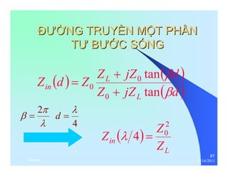 87 
ĐĐƯƯỜỜNG TRUYỀỀN MỘỘT PHẦẦN 
TƯƯ BƯƯỚỚC SÓNG 
( ) ( ) 
+ 
β 
Z d Z Z L 
jZ 0 
tan 
d 
Z jZ ( d ) 
= 
in β 
L 
tan 
0 + 
0 
Z ( ) 
Z 
2 
λ 4 = 0 
L 
in Z 
β = 2 
π 
λ 
λ 
4 
d = 
thenhan 12/16/2011 
 