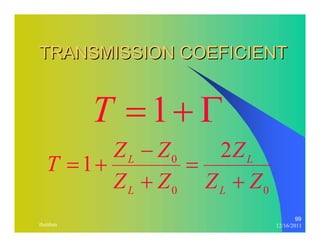 99 
TRANSMISSION COEFICIENT 
T =1+ Γ 
T Z Z 
0 1 2 
Z 
L 
Z Z 
L 
+ 
= 
0 0 
L 
− 
Z Z 
L 
+ 
= + 
thenhan 12/16/2011 
 