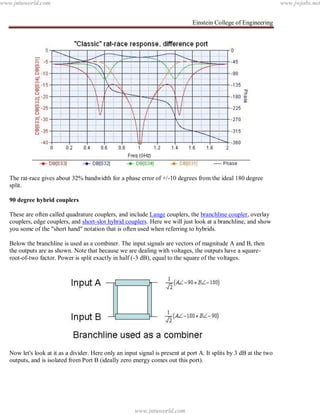 Einstein College of Engineering
The rat-race gives about 32% bandwidth for a phase error of +/-10 degrees from the ideal 180 degree
split.
90 degree hybrid couplers
These are often called quadrature couplers, and include Lange couplers, the branchline coupler, overlay
couplers, edge couplers, and short-slot hybrid couplers. Here we will just look at a branchline, and show
you some of the "short hand" notation that is often used when referring to hybrids.
Below the branchline is used as a combiner. The input signals are vectors of magnitude A and B, then
the outputs are as shown. Note that because we are dealing with voltages, the outputs have a square-
root-of-two factor. Power is split exactly in half (-3 dB), equal to the square of the voltages.
Now let's look at it as a divider. Here only an input signal is present at port A. It splits by 3 dB at the two
outputs, and is isolated from Port B (ideally zero energy comes out this port).
www.jntuworld.com
www.jntuworld.com
www.jwjobs.net
 