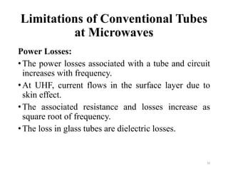 Limitations of Conventional Tubes
at Microwaves
Power Losses:
•The power losses associated with a tube and circuit
increases with frequency.
•At UHF, current flows in the surface layer due to
skin effect.
•The associated resistance and losses increase as
square root of frequency.
•The loss in glass tubes are dielectric losses.
10
 